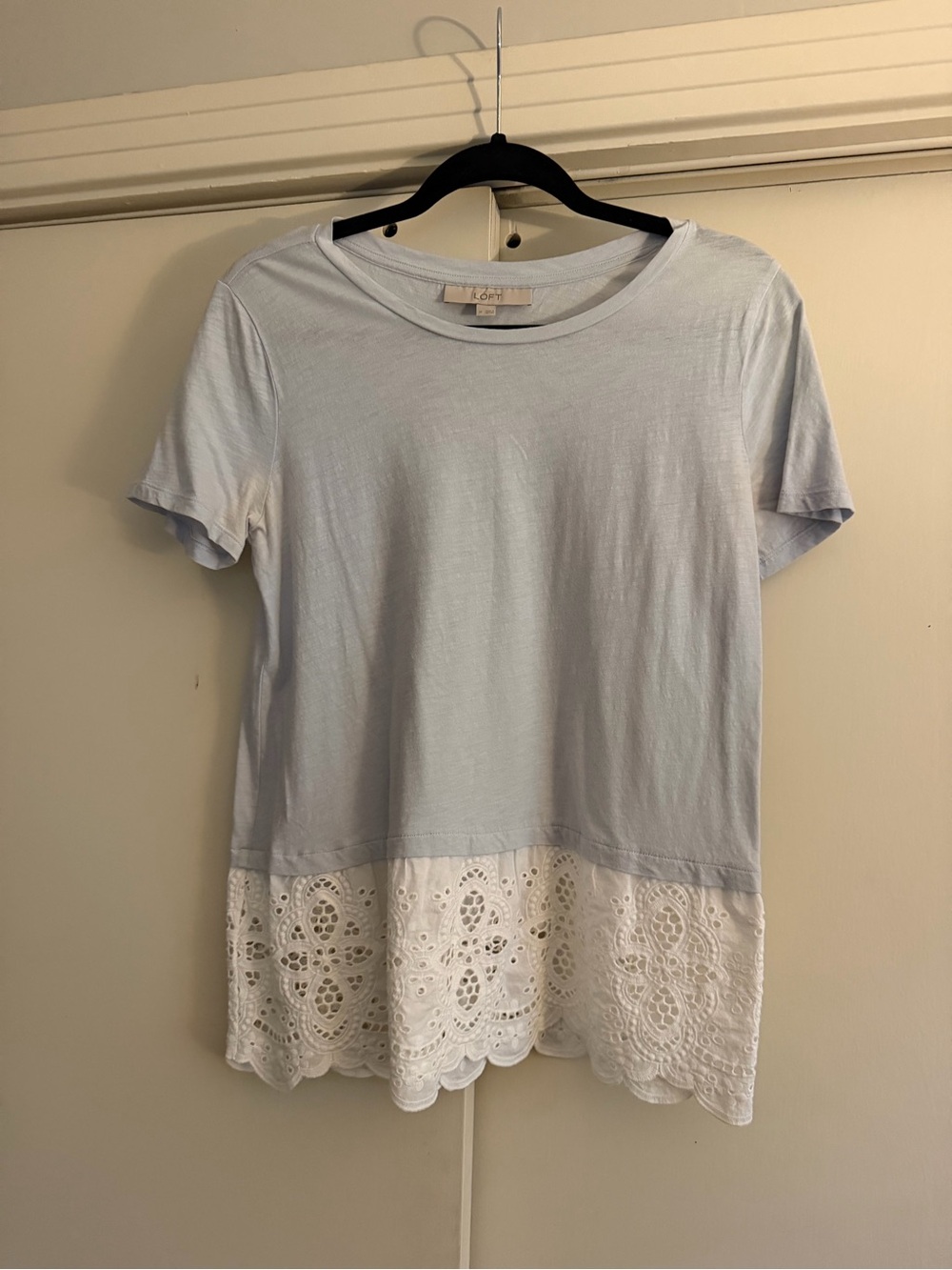 LOFT Light Blue Short Sleeve Tee with White Eyelet Hem